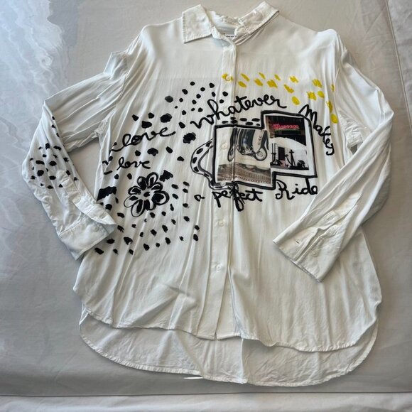 Desigual Printed High-Low Button Shirt White Graphic EU 30 - Picture 3 of 9
